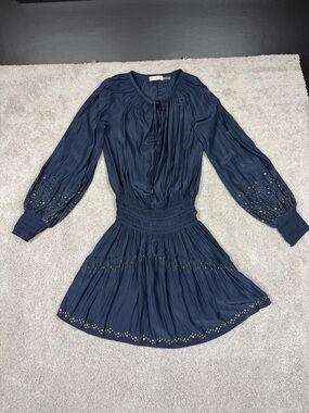 Ramy Brook Women’s Navy Blue Studded Blouson Kaftan Short Dress Long Sleeve Sz S